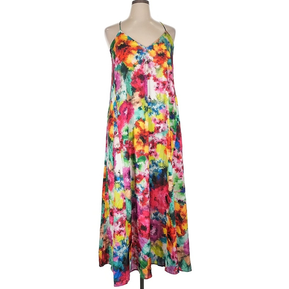 Nicole Miller NY XS Abstract Floral Maxi Dress Racerback Spaghetti Strap
